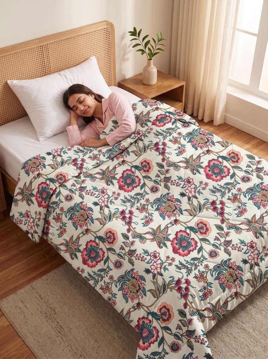 120 GSM Reversible Single Bed Comforter, Lightweight AC Comforter, 154 x 228 cm | Chintz Beige