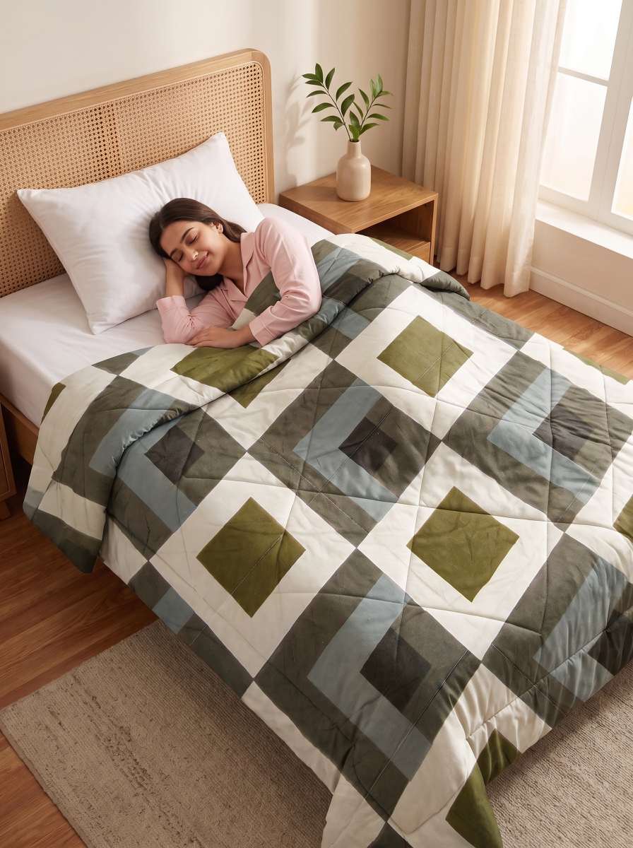 120 GSM Reversible Single Bed Comforter, Lightweight AC Comforter, 154 x 228 cm | Olive Geometric