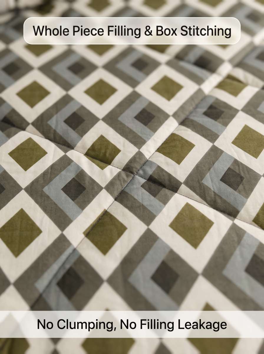 120 GSM Reversible Single Bed Comforter, Lightweight AC Comforter, 154 x 228 cm | Olive Geometric