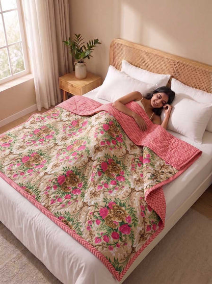 120 GSM Reversible Single Bed Comforter, Lightweight AC Comforter, 90 x 60 Inch | Beige Pink