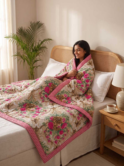 120 GSM Reversible Single Bed Comforter, Lightweight AC Comforter, 90 x 60 Inch | Beige Pink