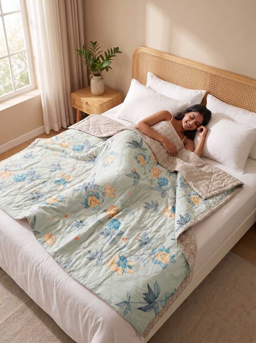 120 GSM Reversible Single Bed Comforter, Lightweight AC Comforter, 90 x 60 Inch | Light Green